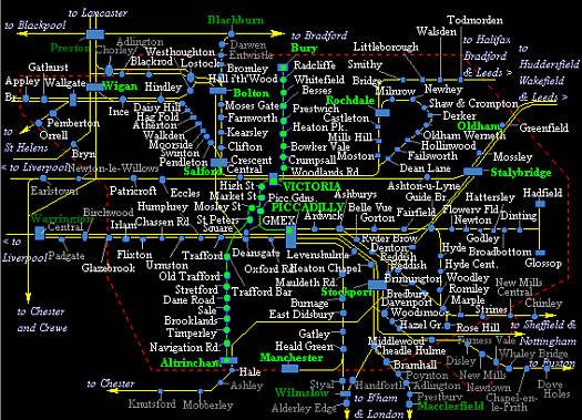 Map of Manchester Rail Network showing all stations.