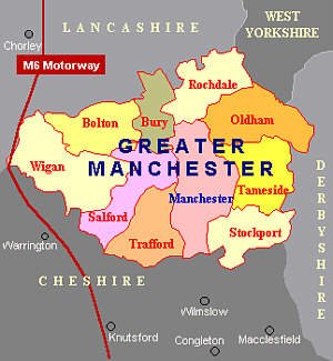 Map of Greater Manchester showing the 10 townships and boroughs